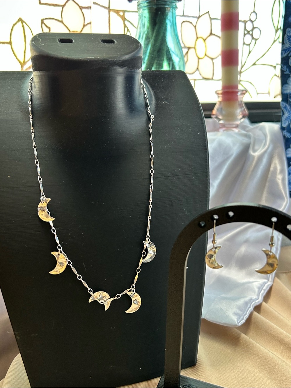 Silver Crescent Moon Charm Necklace and Earring Set - Silver Celestial Jewelry